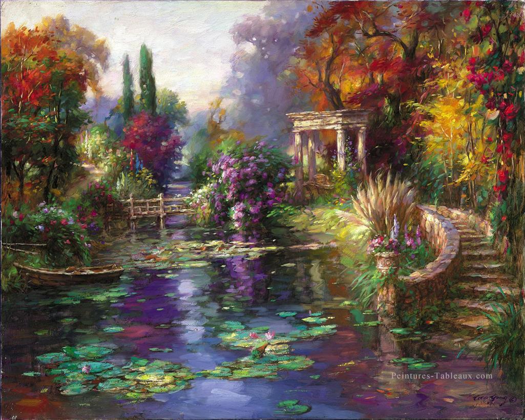 Fleurs de paysage d’étang de jardin Peintures à l'huile